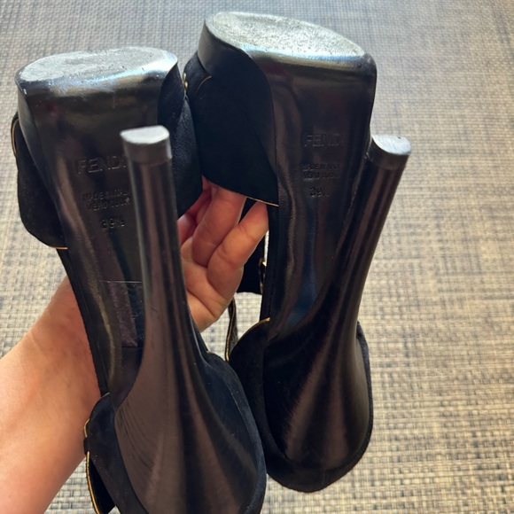 FENDI Black Suede Gold Trim Grommet Peep Toe Platform Heeled Sandals - Picture 9 of 9